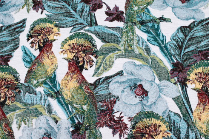 Tkanina żakardowa w dudki – elegancki materiał tapicerski z motywem ptaków na białym tle 13