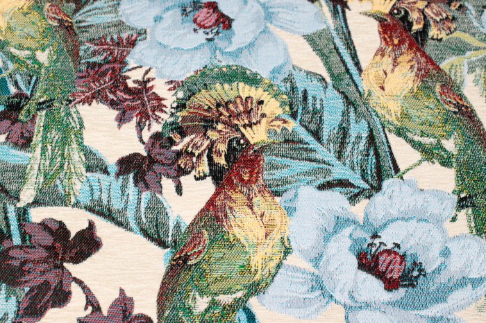 Tkanina żakardowa w dudki – klasyczny żakard tapicerski w kremowej kolorystyce z motywem ptaków 11