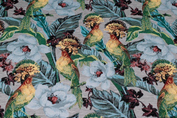 Tkanina żakardowa w dudki – dekoracyjny materiał tapicerski w odcieniu popielatym z ptakami 8