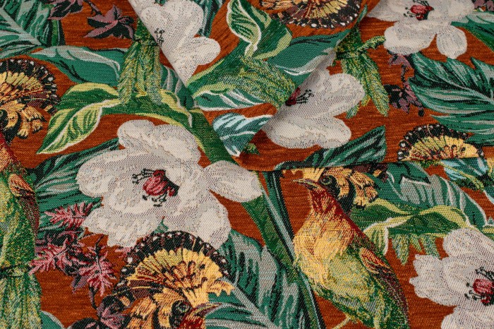 Tkanina żakardowa w dudki – dekoracyjny materiał tapicerski w odcieniu miedzi z ptakami 1