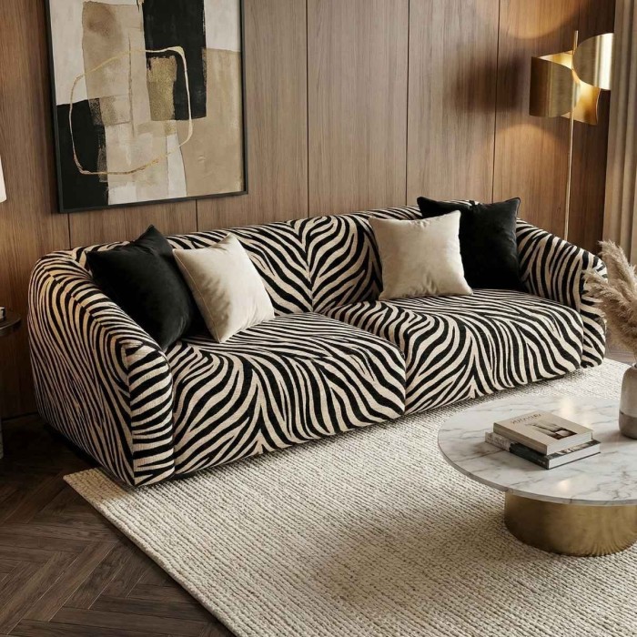 Zebra beż aranżacja tkanina szenilowa we wzór zebry