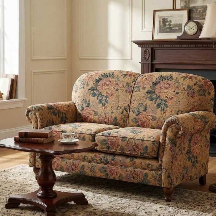 Kanapa tapicerowana tkaniną Roma koniak klasyczna tkanina w kwiaty