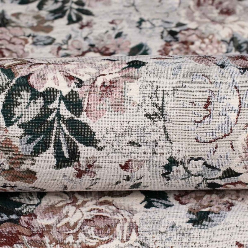 Struktura tkaniny tapicerskiej Roma biała klasyczny żakard w kwiaty