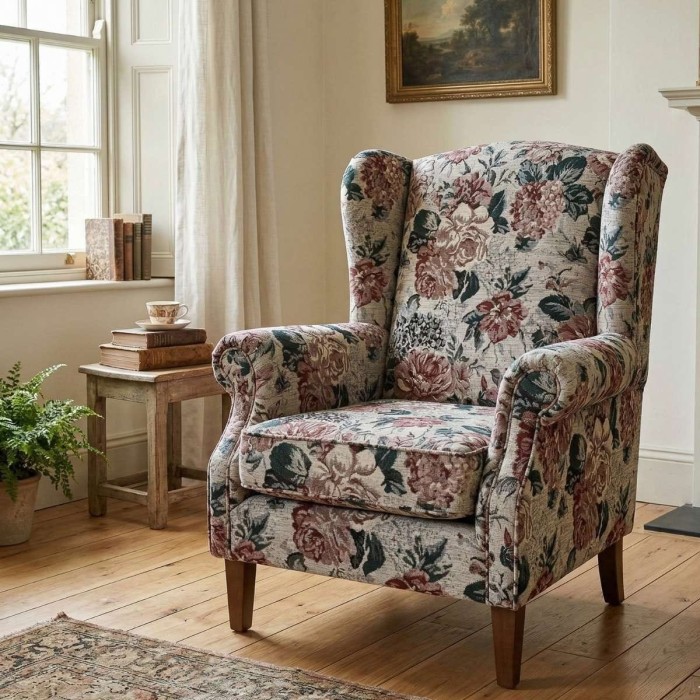 Fotel tapicerowany tkaniną Roma biała klasyczna tkanina w kwiaty