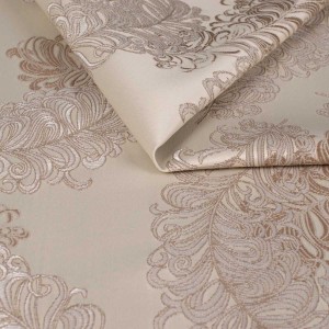 Tkanina tapicerska żakardowa Diva w kolorze kawy, zdobiona dużym, barokowym wzorem