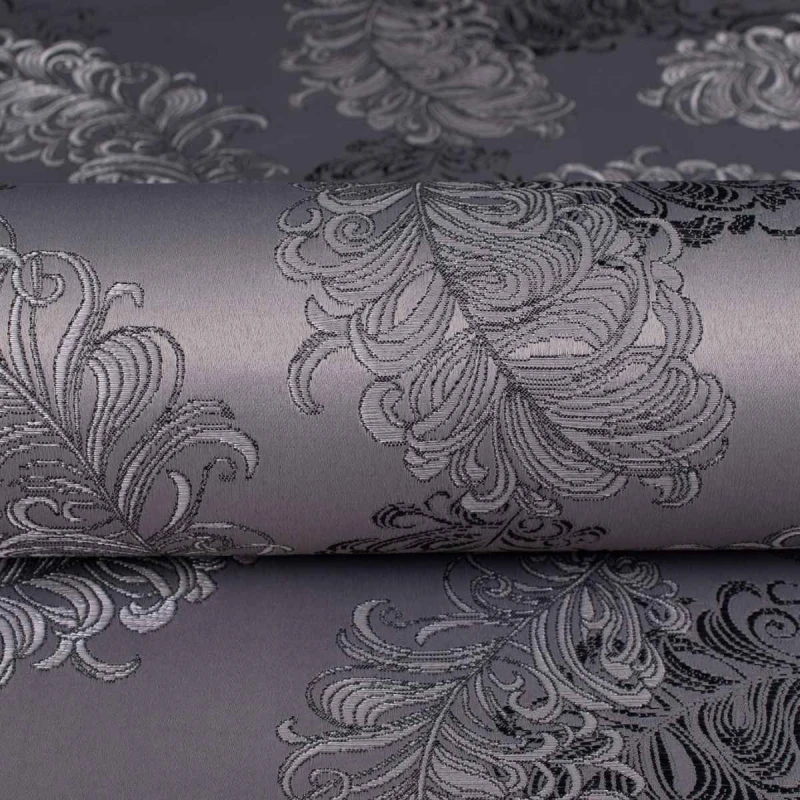 Grafitowa tkanina tapicerska żakardowa Diva zdobiona dużym, barokowym ornamentem