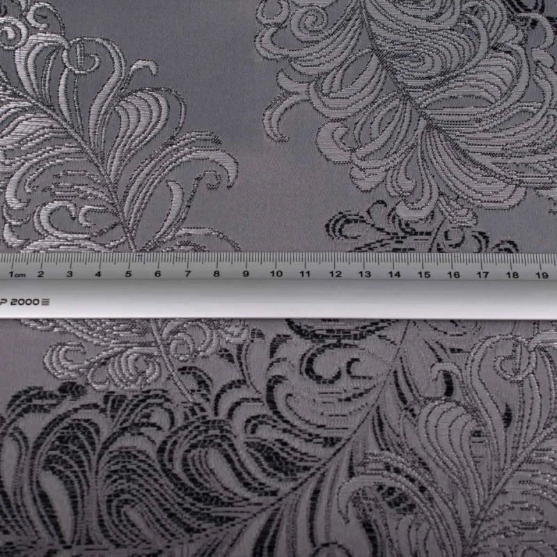 Grafitowa tkanina tapicerska żakardowa Diva zdobiona dużym, barokowym ornamentem zdjęcie z miarą