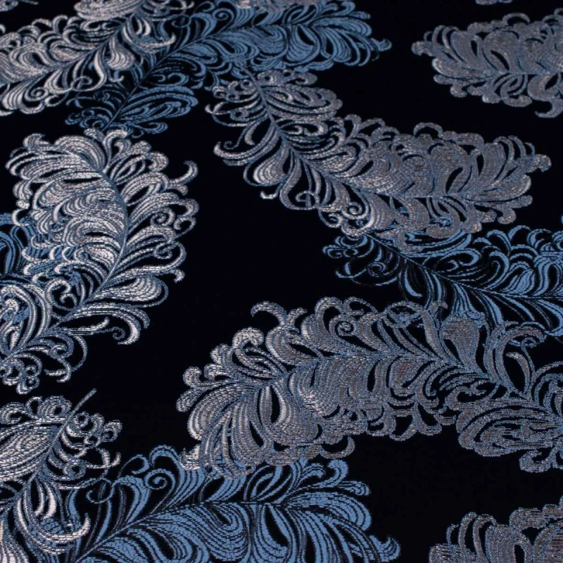 Granatowa tkanina obiciowa żakardowa Diva w duże, błyszczące wzory roślinne