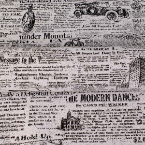 Biała tkanina obiciowa Oldpress z precyzyjnie tkanym wzorem starej gazety – Obiciowe.pl