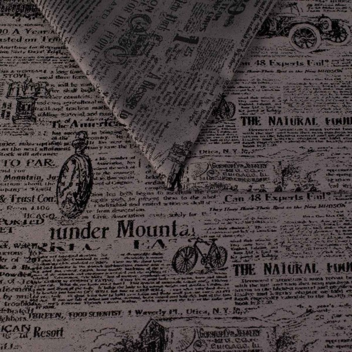 Popielata tkanina obiciowa Oldpress z precyzyjnie tkanym wzorem starej gazety – Obiciowe.pl