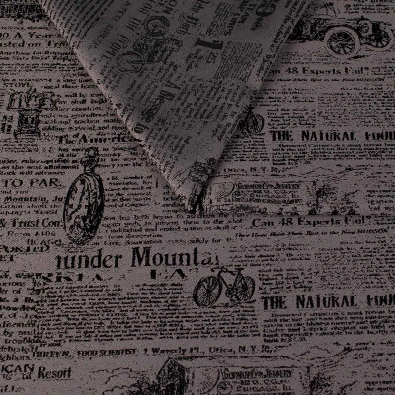 Popielata tkanina obiciowa Oldpress z precyzyjnie tkanym wzorem starej gazety – Obiciowe.pl