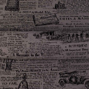 Popielata tkanina obiciowa Oldpress z precyzyjnie tkanym wzorem starej gazety – Obiciowe.pl