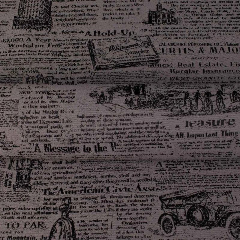 Popielata tkanina obiciowa Oldpress z precyzyjnie tkanym wzorem starej gazety – Obiciowe.pl