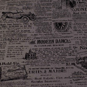 Popielata tkanina obiciowa Oldpress z precyzyjnie tkanym wzorem starej gazety – Obiciowe.pl