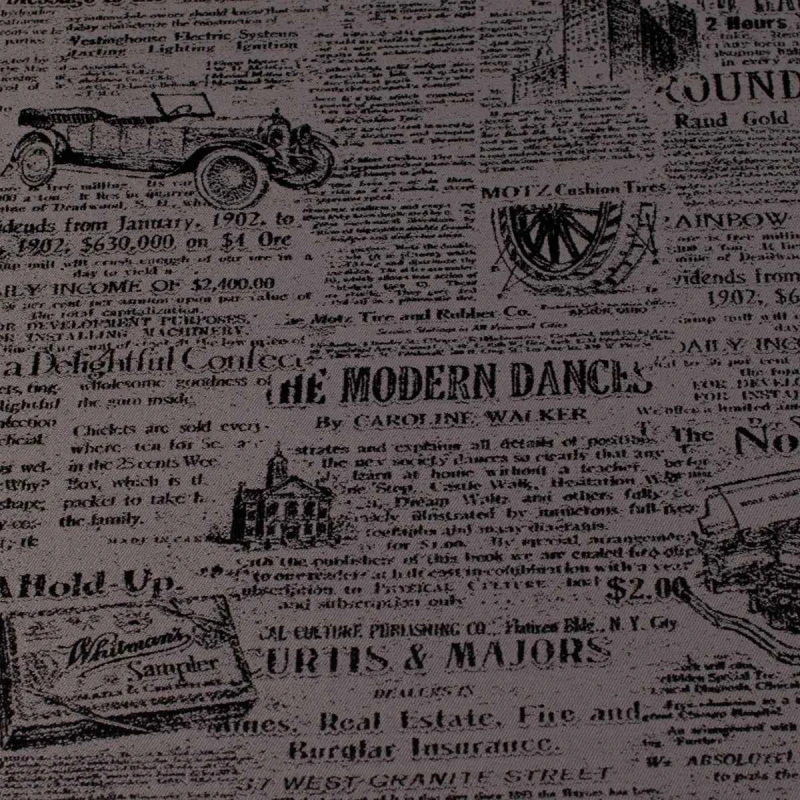 Popielata tkanina obiciowa Oldpress z precyzyjnie tkanym wzorem starej gazety – Obiciowe.pl