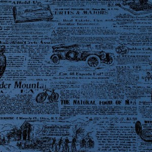 Niebieska tkanina obiciowa Oldpress z precyzyjnie tkanym wzorem starej gazety – Obiciowe.pl