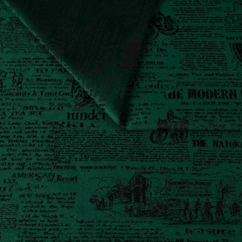 Zielona tkanina obiciowa Oldpress z precyzyjnie tkanym wzorem starej gazety – Obiciowe.pl