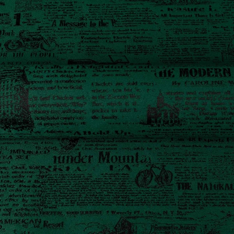 Zielona tkanina obiciowa Oldpress z precyzyjnie tkanym wzorem starej gazety – Obiciowe.pl