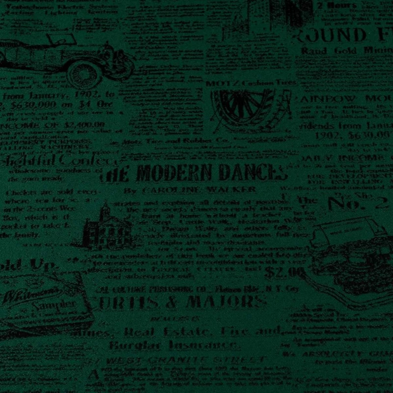 Zielona tkanina obiciowa Oldpress z precyzyjnie tkanym wzorem starej gazety – Obiciowe.pl