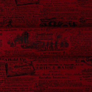 Czerwona tkanina obiciowa Oldpress z precyzyjnie tkanym wzorem starej gazety – Obiciowe.pl