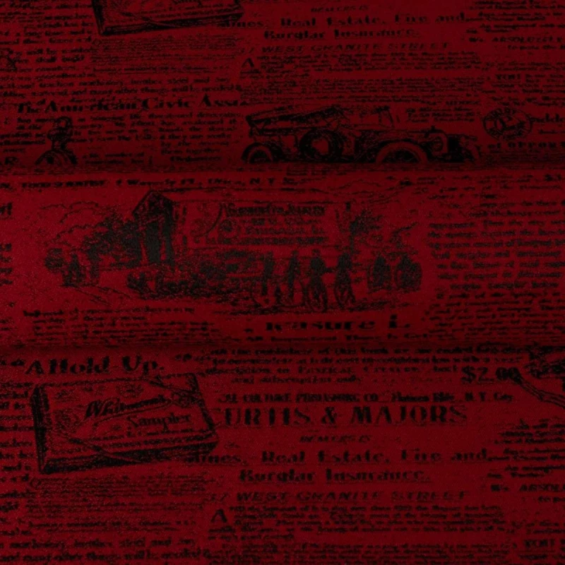 Czerwona tkanina obiciowa Oldpress z precyzyjnie tkanym wzorem starej gazety – Obiciowe.pl