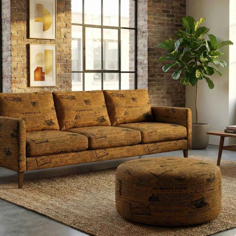 Złota tkanina obiciowa Oldpress z precyzyjnie tkanym wzorem starej gazety aranżacja mebli– Obiciowe.pl