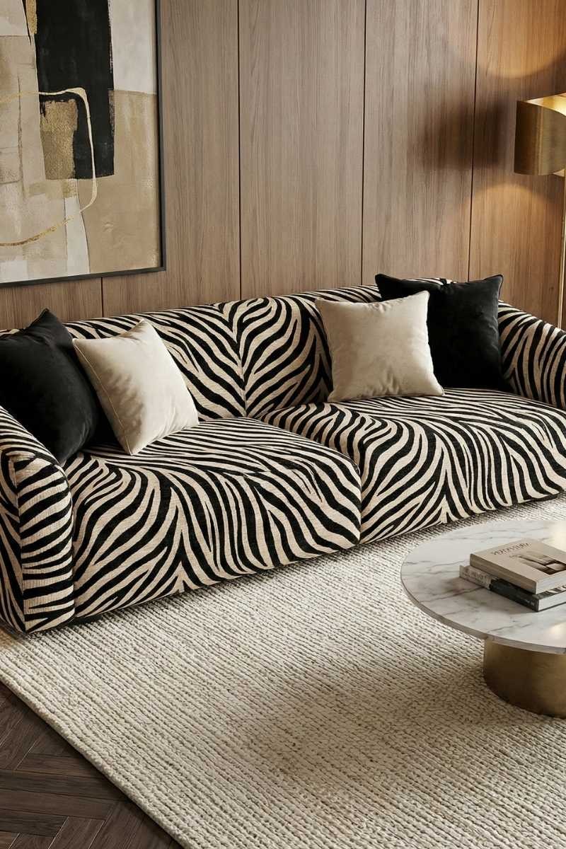 Sofa tapicerowana tkaniną zebra w nowoczesnym wnętrzu